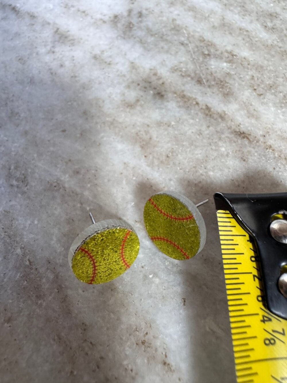 Yellow Glitter Softball Stud Earrings — Sparkly Acrylic Game Day Studs, 3/4" - Picture 2 of 5